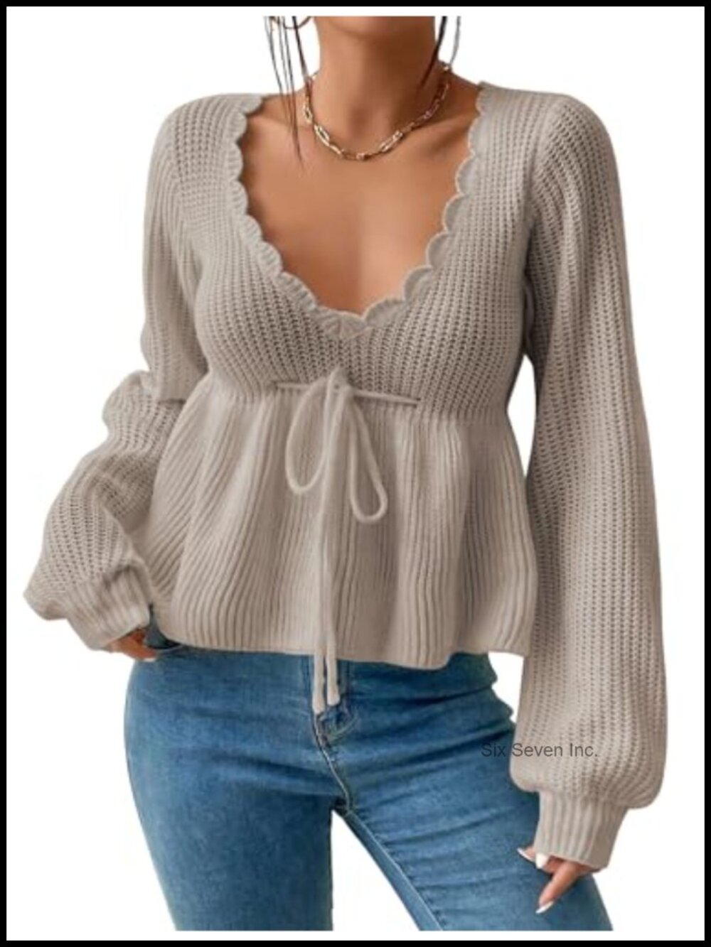 V Neck Lantern Sleeve Tie Front Peplum Sweater